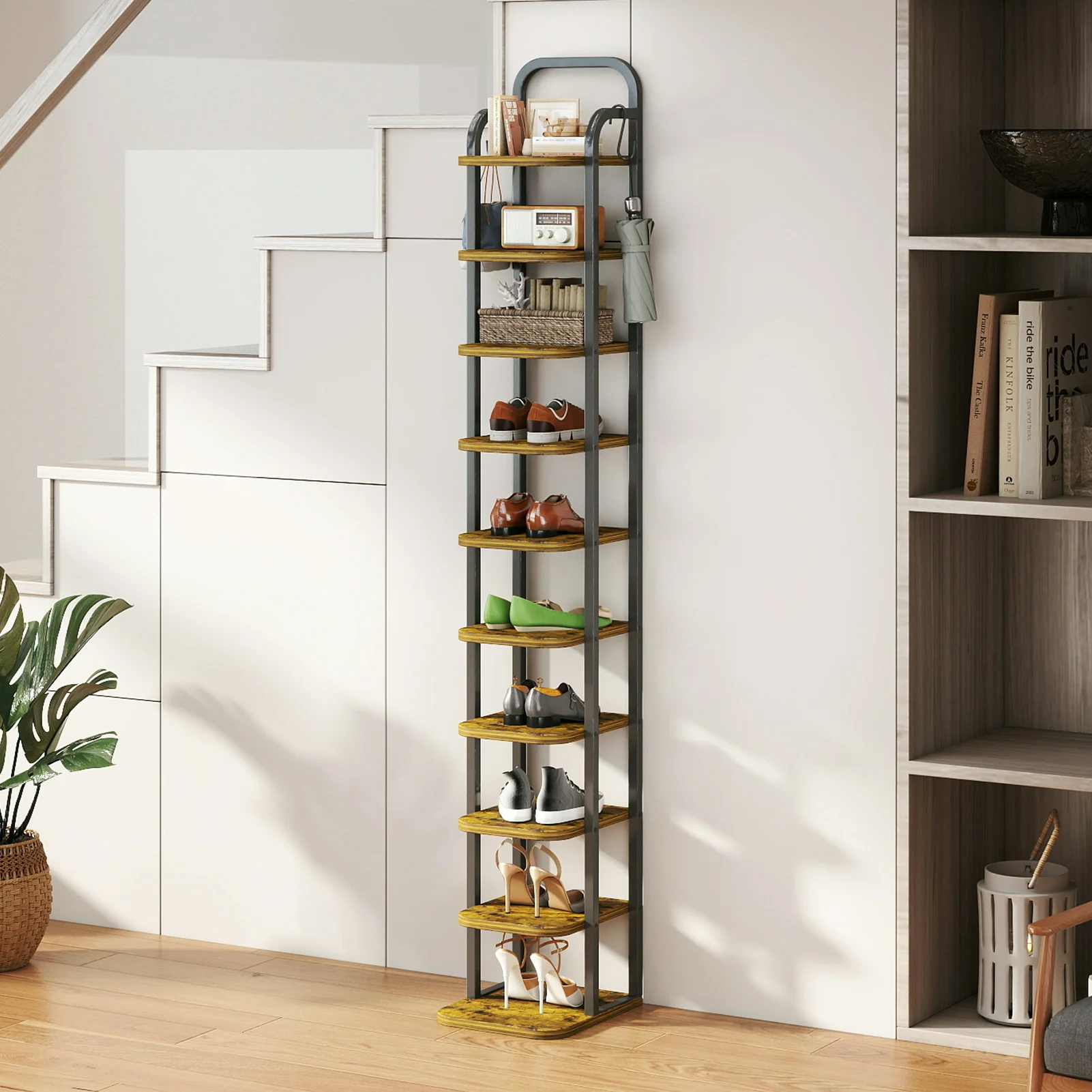 

10-уровневая вертикальная полка для обуви, полка для хранения обуви, угловая полка для обуви с 2 крючками для прихожей, прихожей, спальни