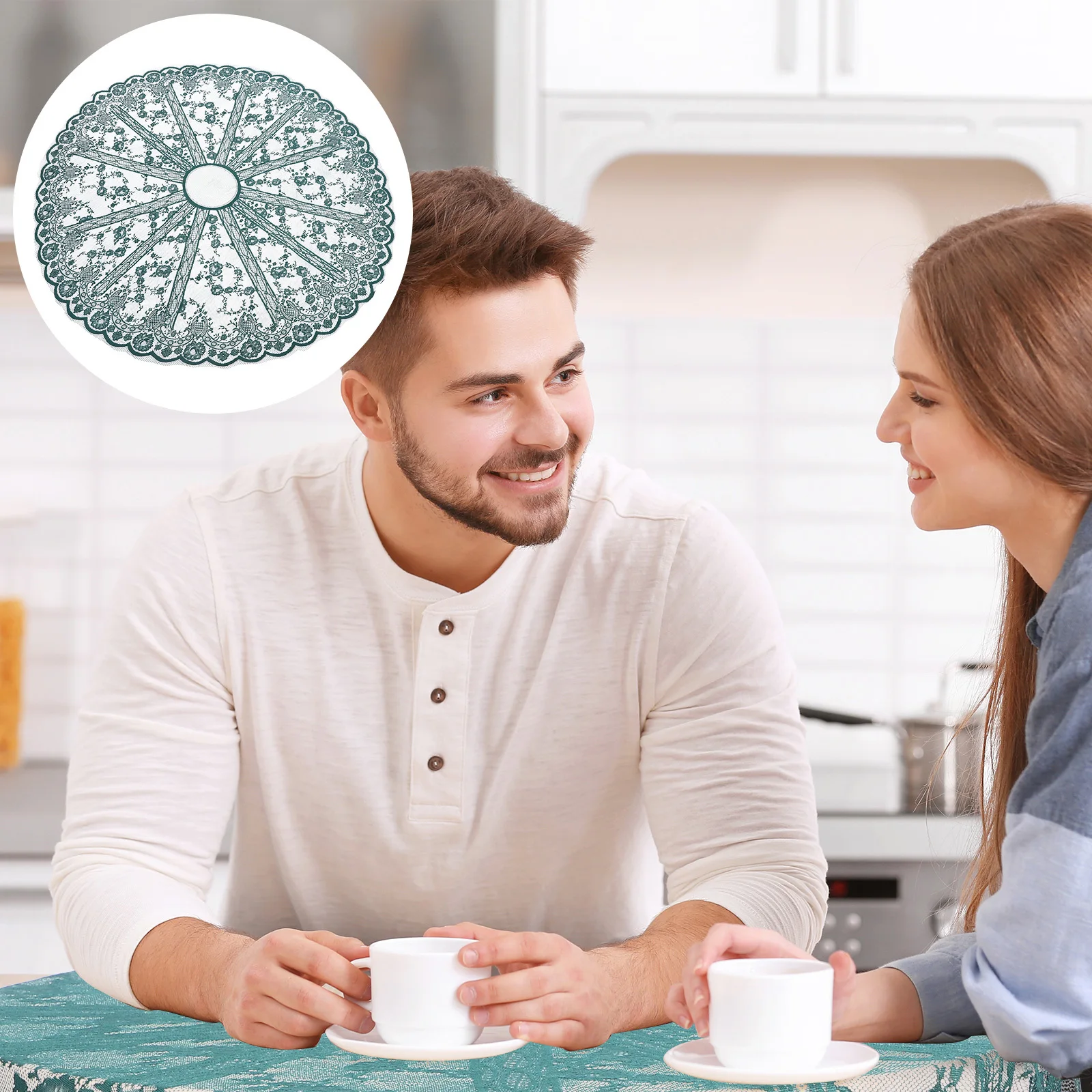 مفرش مائدة دانتيل أخضر مستدير لحفلات الزفاف والنزهات والأحداث غطاء طاولة مزخرف أنيق لمهرجان الطعام والمنسوجات المنزلية