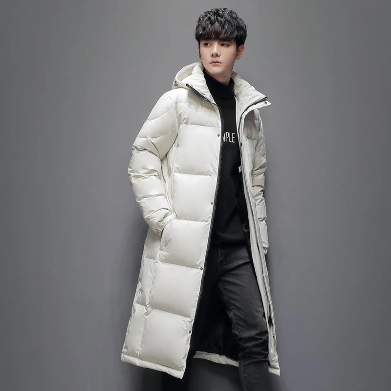 High Quality 2024 Winter Men's Long Hooded Duck Down Jackets Outwear Solid Color Puffer Coats Windproof Thick Warm Down Clothing