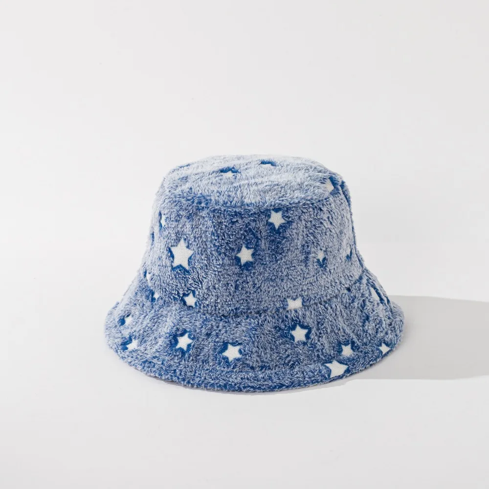 Fashion New Winter Star Moon Bucket Hat For Women Pink Panama Soft Warm Hats Female Vintage Faux Fur Fisherman Hats Czapka damska