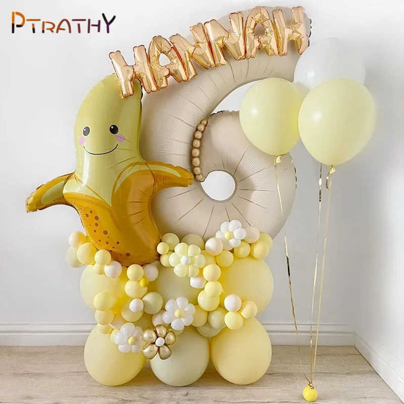 49pcs Fruit Banana Theme Foil Balloons Garland Arch Kit 40inch Cream White Number Ball Happy Birthday Party Baby Shower Decors