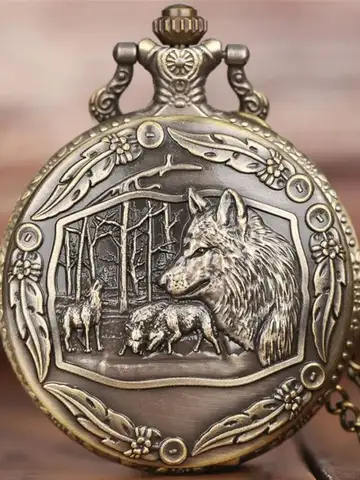 Vintage Bronze Wolf Animal Head Relief Quartz Pocket Watch with Necklace Chain Pendant Great Gift for Men's Kids Clock Watch