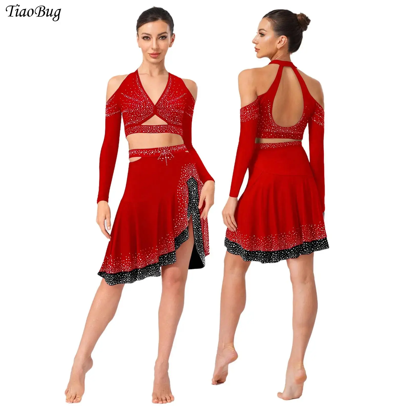 

Women Latin Dance Costume Rhinestone Halter Long Sleeve Crop Top and Skirt Outfit Lyrical Skating Ballet Jazz Dance Performance