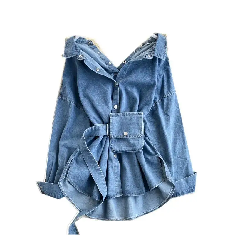 

Denim Shirts for Women Blouse Washed Outerwear 2026 Jackets Strap Waist Bag Lapel Single Breasted Streetwear Overshirt Tops