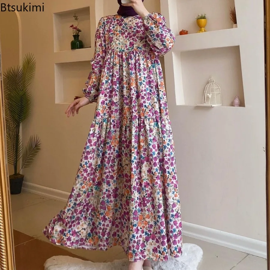 Muslim Fashion Women Flower Print Long Dress Casual Long Sleeve Big Swing Dress Dubai Islamic Clothing Women Vintage Abaya Robes