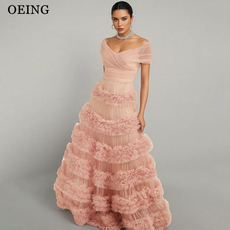 

OEING Elegant A-Line Prom Dress Light Pink Off Shoulder Ruched Ruffle Party Gowns Floor Length Evening Dress Gala Customized