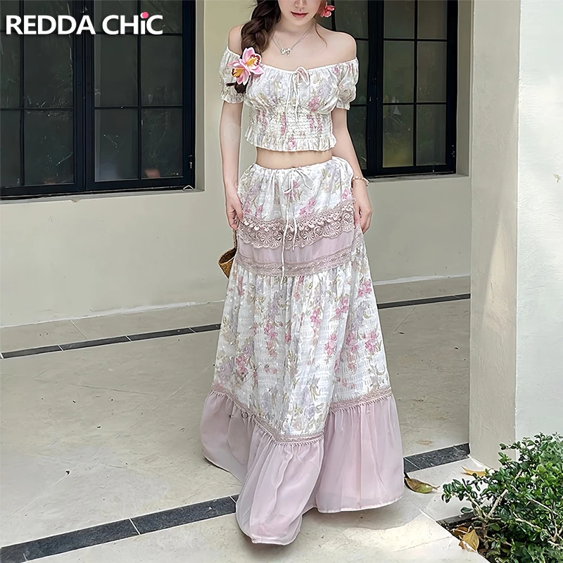 

REDDACHiC Cottagecore Floral Crop Top Skirt Set Women Coquette Cinched Tube Top Low Waist Maxi Skirt Vacation Summer Clothes