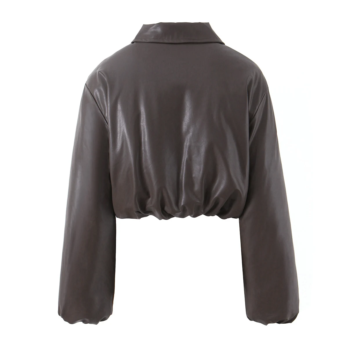 2025 Otoño Invierno mujer solapa cremallera imitación cuero pan abrigo hombro ancho manga larga cazadora corta Parka prendas de vestir exteriores negro marrón