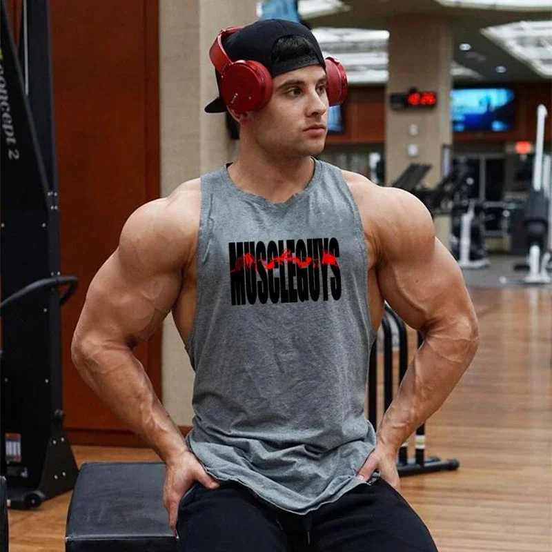 Professional Muscleguys Gym Sports Summer Cotton Fitness Bodybuilding Workout O-neck Graphic Printed Sleeveless Shirt