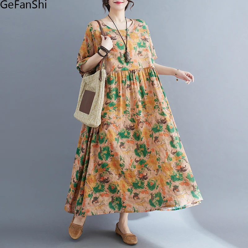 

Summer Short Sleeve Cotton Linen Vintage Print Long Dresses For Women 2023 Casual Loose Holiday Ladies Dress Elegant Clothes