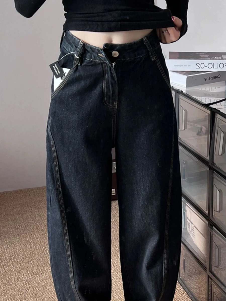 

Джинсы с высокой талией и широкими штанинами, женские, прямого кроя, свободные, для фигуры типа «груша», утягивающие, весенне-осенние, больших размеров, джинсовые брюки