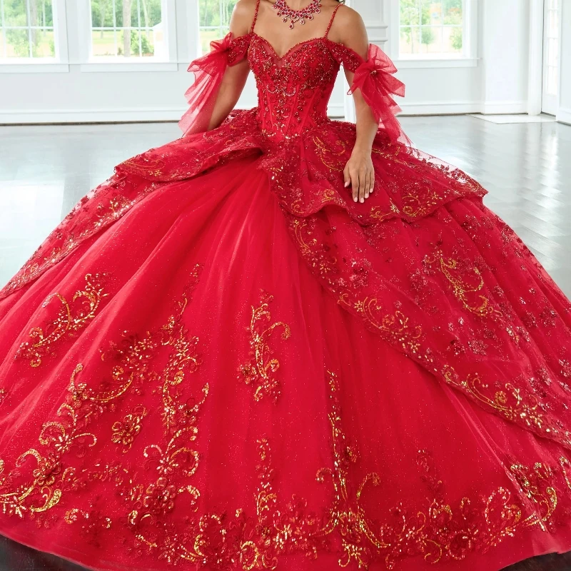 

Red Shiny Princess Sweet 16 Quinceanera Dresses Off The Shoulder Applique Lace Beading Crystal Tull Party Birthday Vestides De