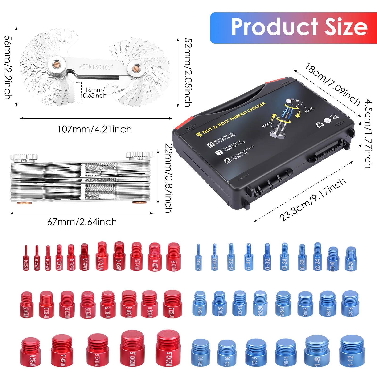 Thread Checker Metric & Imperial & US Nut and Bolt Thread Checker 28 Inch & 24 Metric Thread Gauge Bolt Size Finder for Nut Bolt