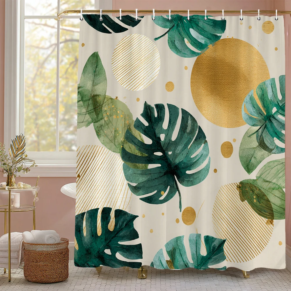 Palm Leaf Shower Curtain, Floral Botanical Tropical Plant Art Deco Bathroom Decorative Shower Curtain, Print Curtain with Hooks