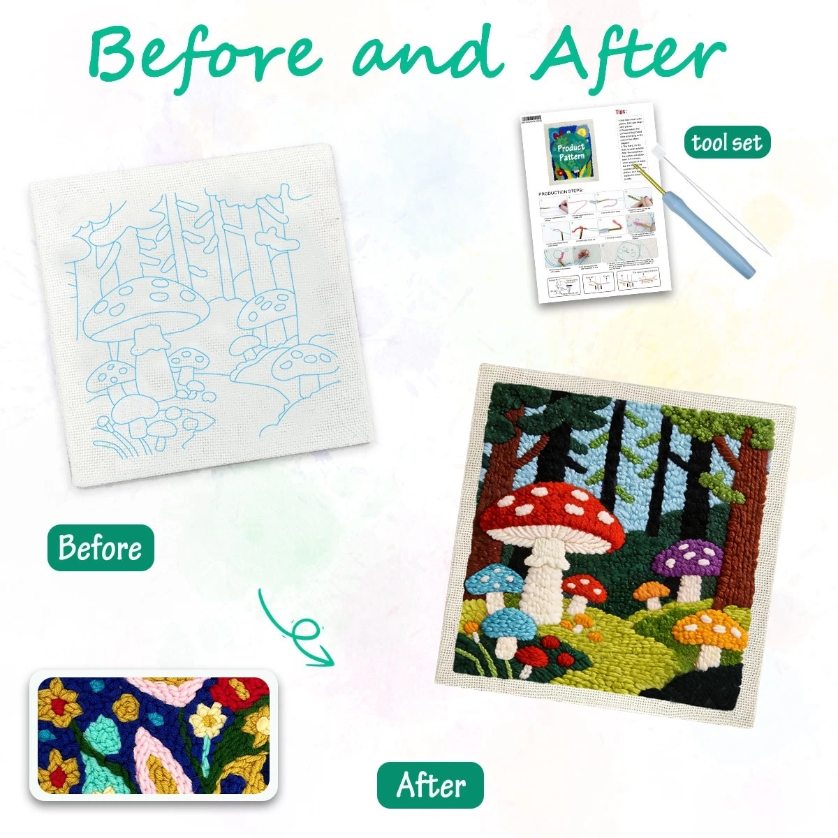 1 Set Waldpilze DIY-Stickerei-Set für Anfänger, Stickerei-Starter-Kit, Kreuzstich-Kunstgeschenk, Nadelarbeiten – Detail 1