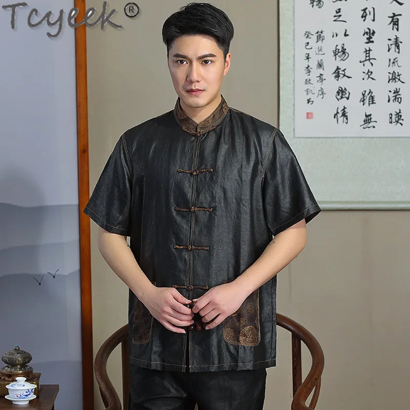 Tcyeek 100% Mulberry Silk Shirt Men Chinese Style Shirts Summer Clothes Short Sleeve Top Mens Shirts Real Silk Vintage Top 2024