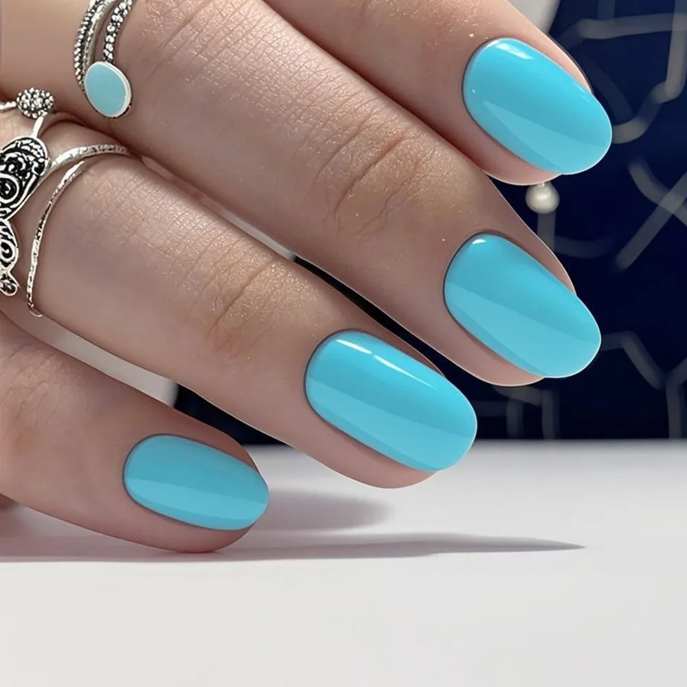 

Acrylic Press On False Nails With Adhesive Sticker 48Pcs Shiny Sky Blue DIY Ongle Faux Full Cover Tip Manicure Short Fake Nails