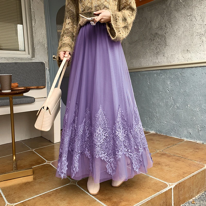 

Ankle-Length Fairy Lace Puffy f Skirt Tulle Skirt Spring Autumn Slim High Waist A-Line Dra Mid-Length Umbrella Skirt