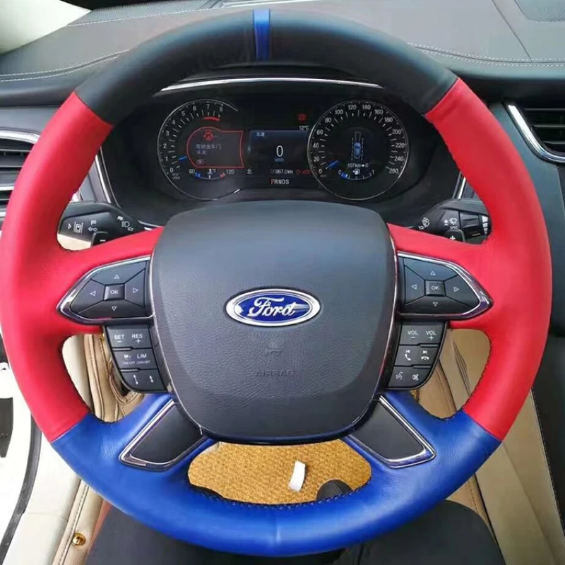 For Ford Taurus 2015-2019 DIY Hand Stitched non-slip Genuine Leather Sports style Car Steering Wheel Cover