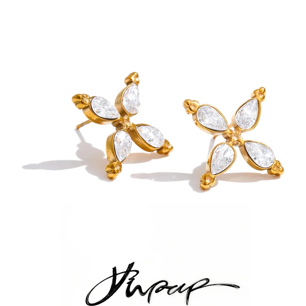 Yhoup Luxury Bling Cubic Zirconia Flowers Stud Earrings High Quality Stainless Steel Daily Delicate Fashion Jewelry Wholesale
