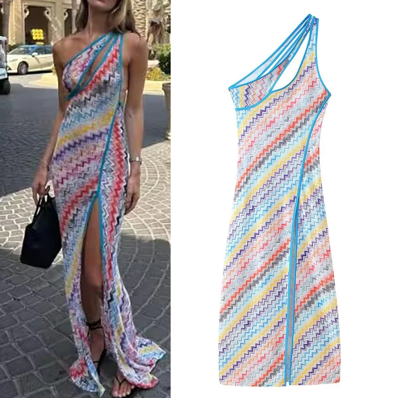 Vestido largo asimétrico sin mangas con cuello Diagonal para mujer, vestido playero calado, Sexy, ajustado, para verano