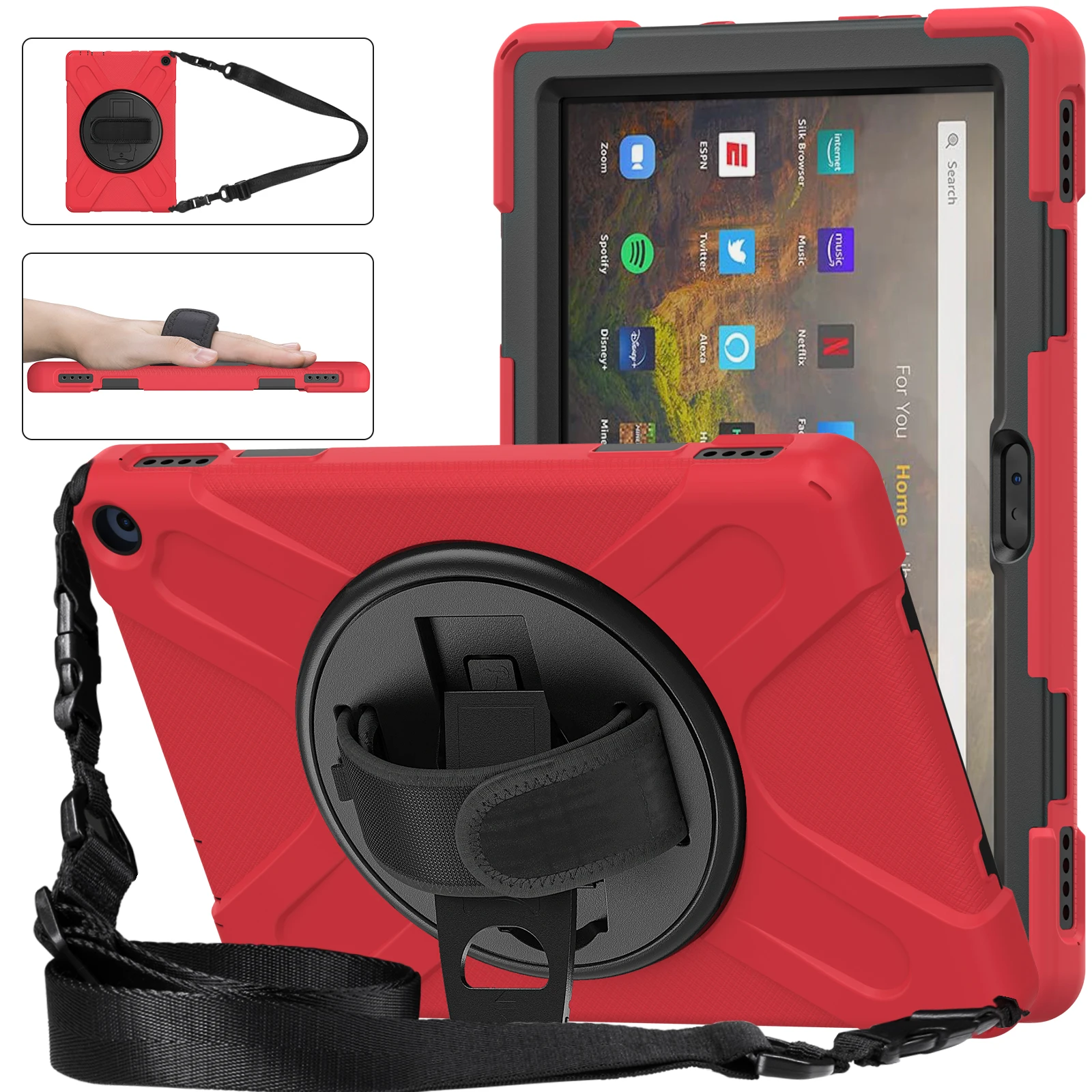 Rugged Case For Amazon Fire HD 10 Plus 2021 11th Generation 10.1 inch 360 Rotating Stand Armor Cover With Hand & Shoulder Strap