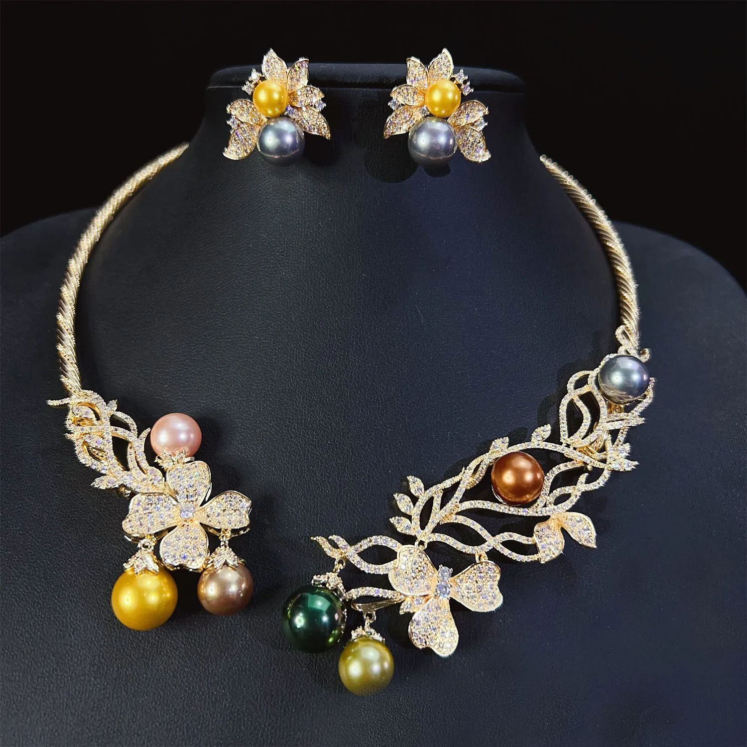 New Set Luxury Summer Multi-color Pearl Flower Open Collar Necklace Earrings Ladies Jewellery Party Travel Prom Wedding M-426