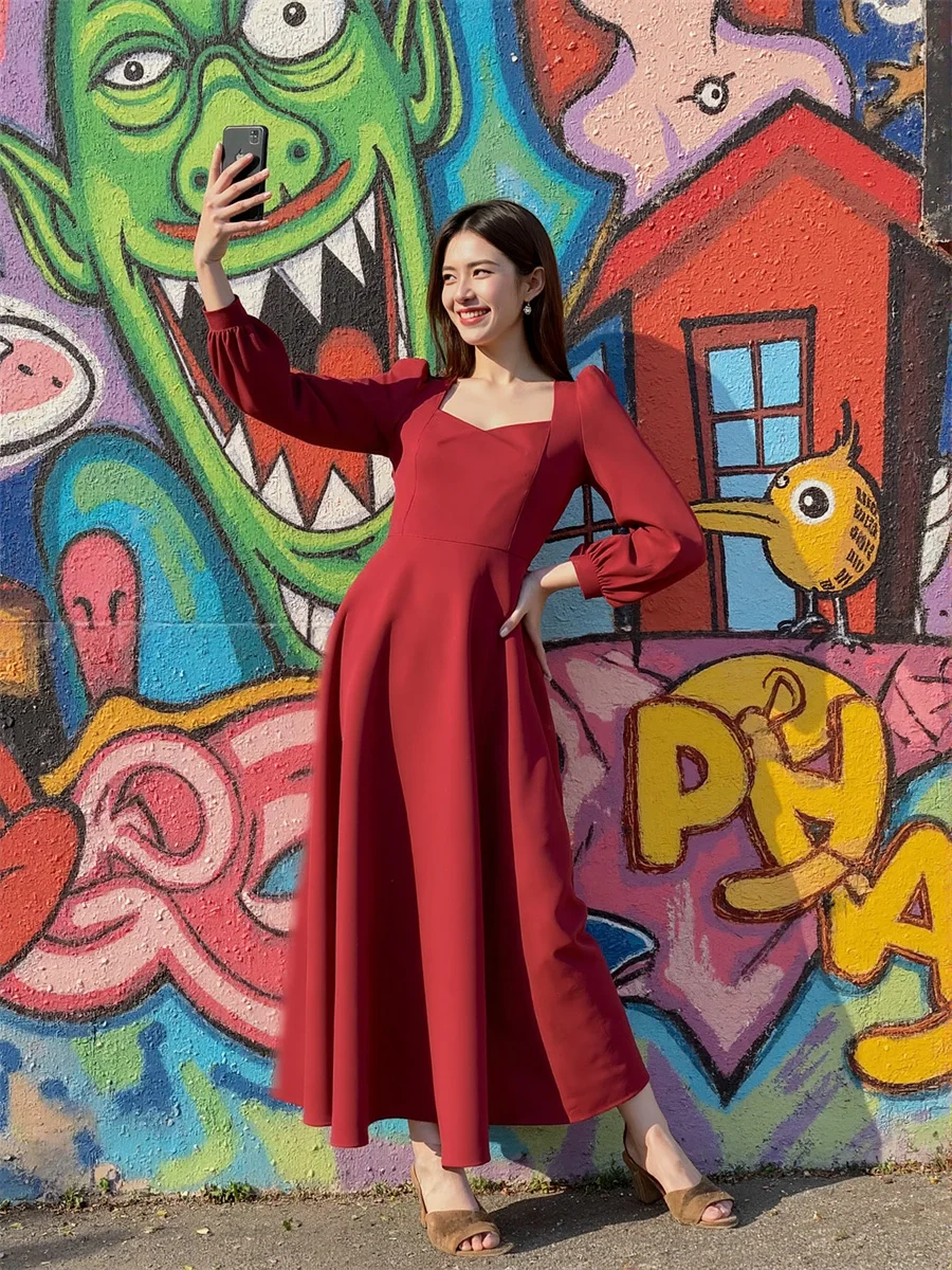 Women'S Autumn Dress Korean Style Long Sleeve Square Collar Side-Slit High-Slit Splited Splitting Cut-Out Cutout Hollow-Out