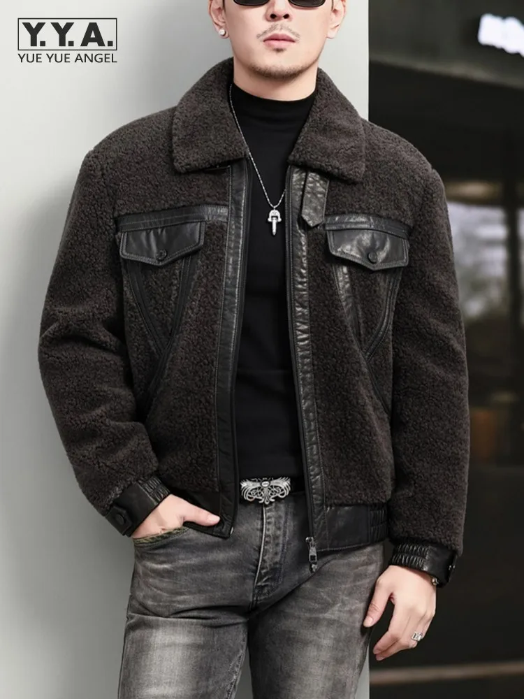 

Тонкое мужское темно-серое отложное пальто из натуральной шерсти, повседневная верхняя одежда на молнии с длинным рукавом, модная лоскутная зимняя куртка для стрижки овец