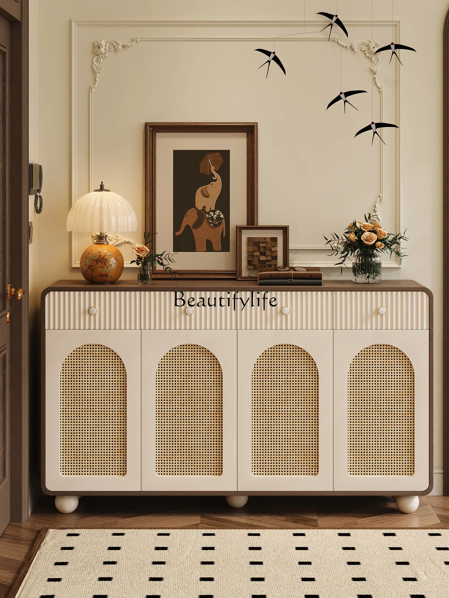 

LXMedieval style home solid wood shoe cabinet rattan storage integrated two-in-one entrance storage entrance door storage cabine