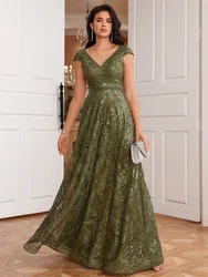 Lucyinlove New Luxury V-Neck Green Sequins Evening Dress Elegant Long Women V-back Wedding Party Long Prom Cocktail Dress Gowns