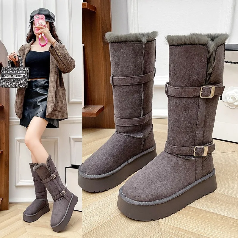 

New Grey Long-tube Snow Boots Women's Winter New Platform Heightened Velvet Thickened High-tube Warm Cotton Shoes 2025