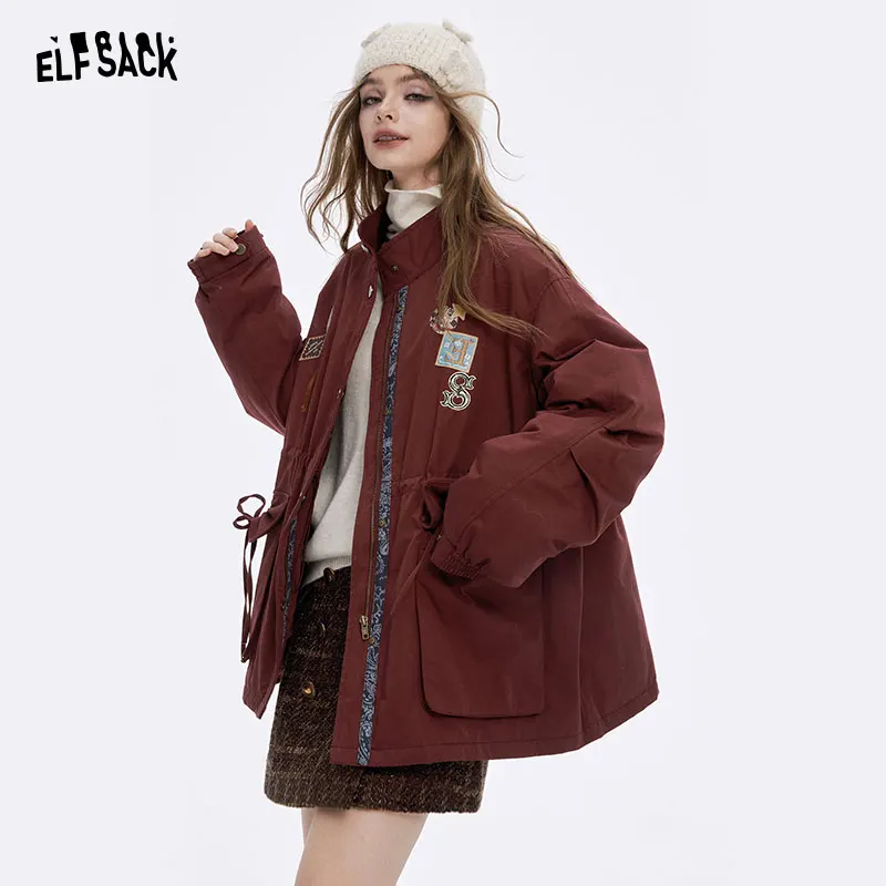 ELFSACK 2025 Winter New Arrivals Casual Soft Warm Faux Fur Collar Cotton Blend Paneled Puffer Jacket For Woman