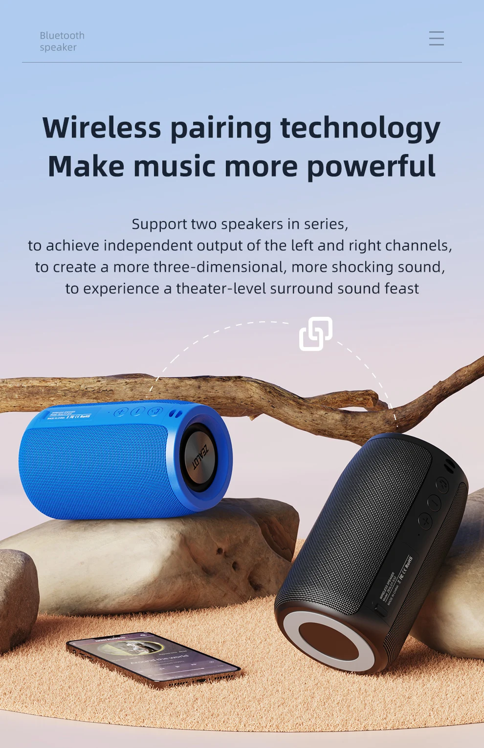 Zealot-S32 Mini Tragbarer Lautsprecher mit TWS, Bluetooth 5.3, Ausgewogenem Bass, IPX5 Wasserdicht für Alle Telefone, Outdoor – Detail 7