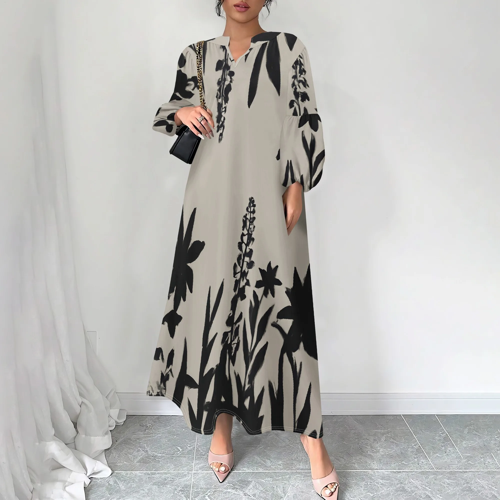 

"Boho Floral Print Maxi Dress XS-3XL, Long Sleeve Elegant Beach Wedding Guest Outfit, Spring Vacation Resort Wear"