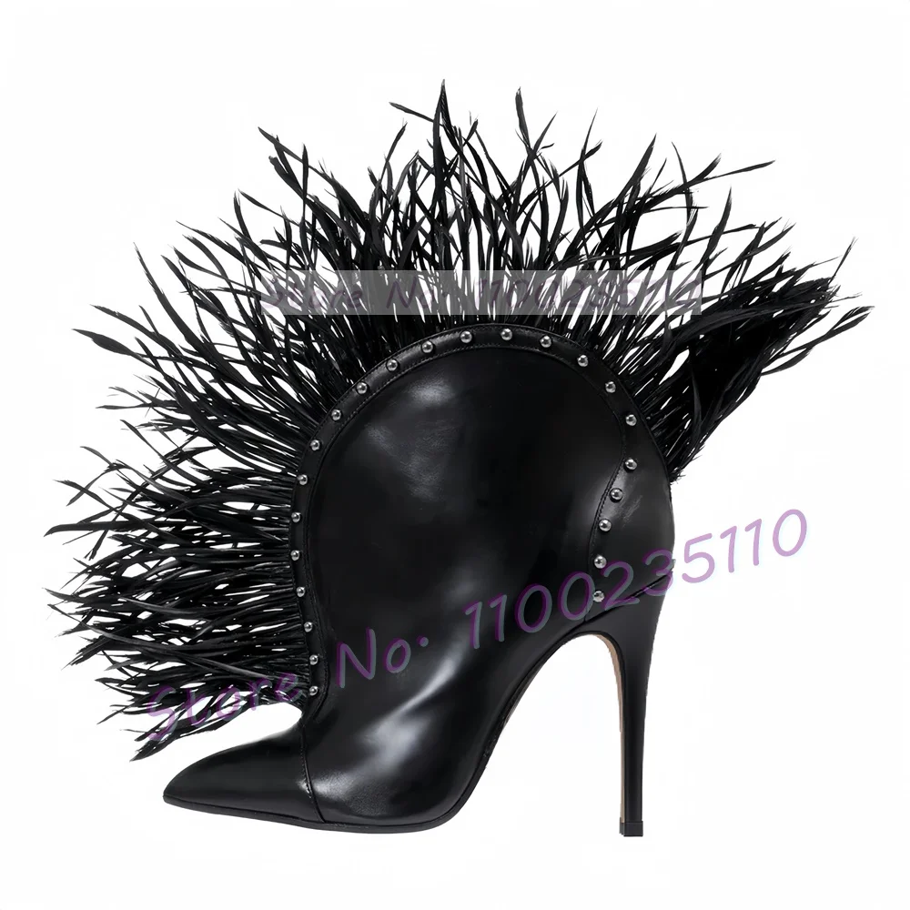 

Подиумные кожаные ботильоны с перьями, женские стильные ботинки на высоком каблуке с острым носком и изогнутыми краями, женская модная обувь с заклепками