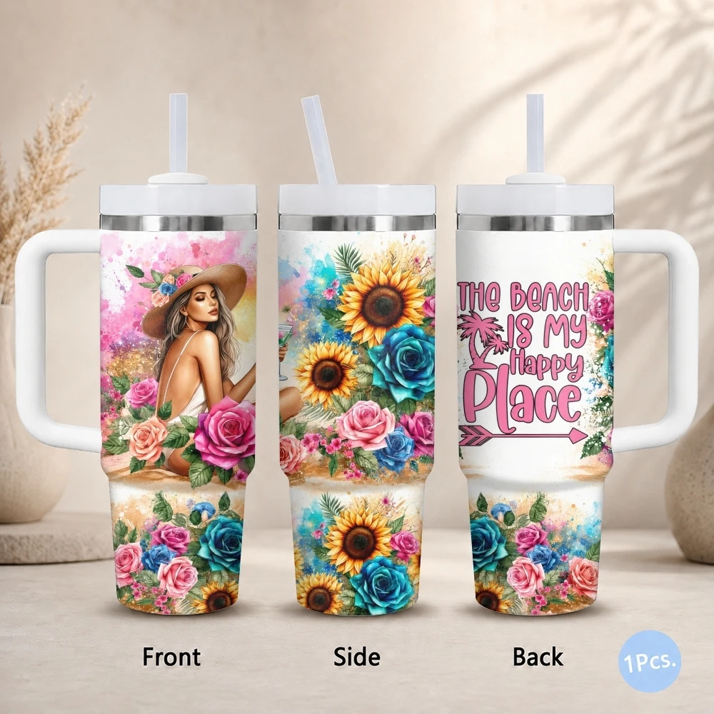 Beach Is Happy Place Vacuum Flasks 40oz Thermal Stainless Steel Tumbler with Handle Straw Leakproof Mug