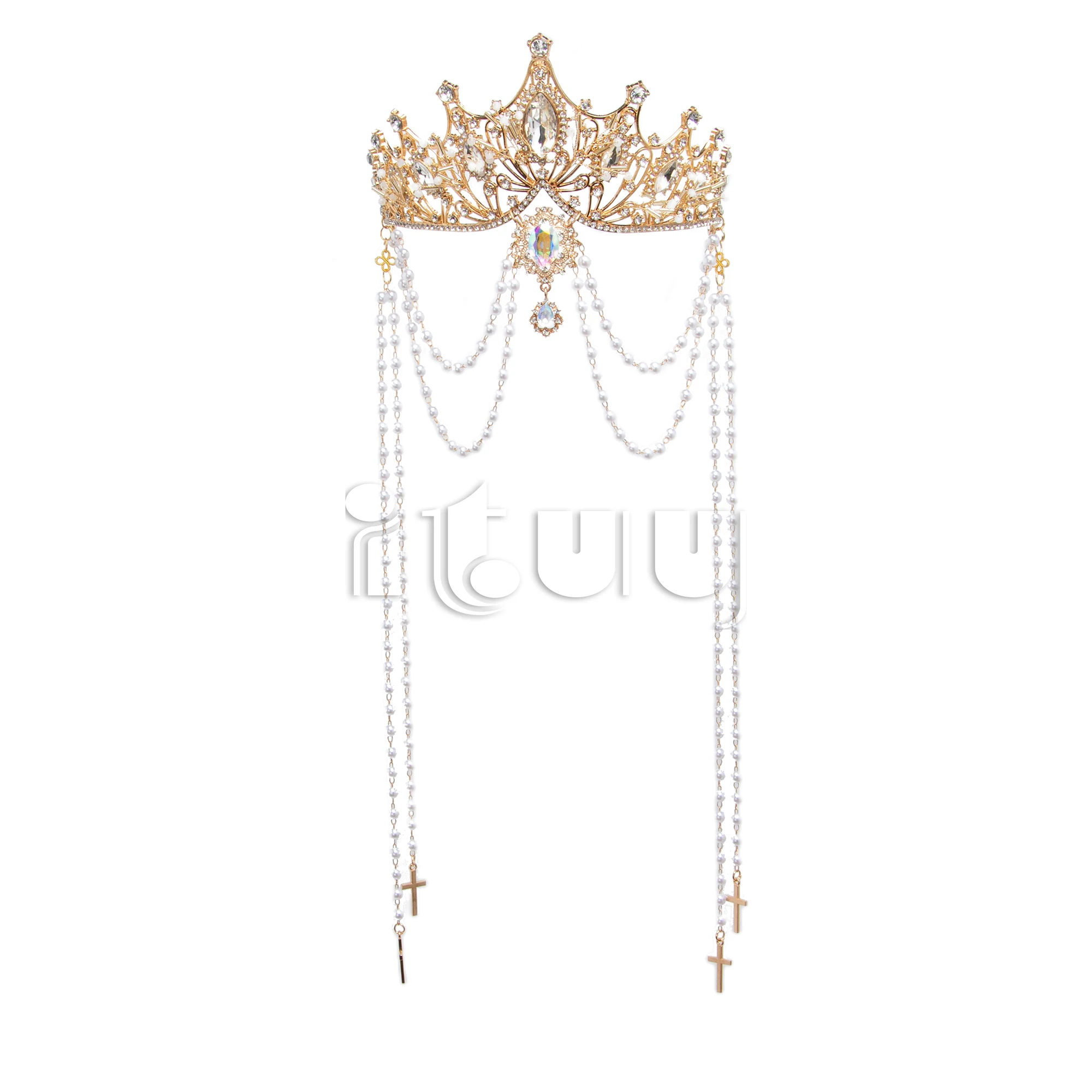 Halo couronne Lolita princesse or noir couronne casque reine pape gothique magnifique perle chaîne pendentif cheveux accessoires coiffure