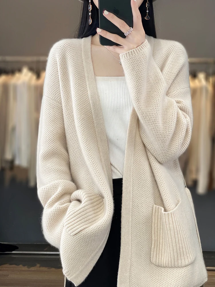 Women Cardigan V-neck Belt Solid 100% Merino Wool Sweater Soft Warm Autumn Winter Cashmere Knitwear Female Grace Clothing Tops