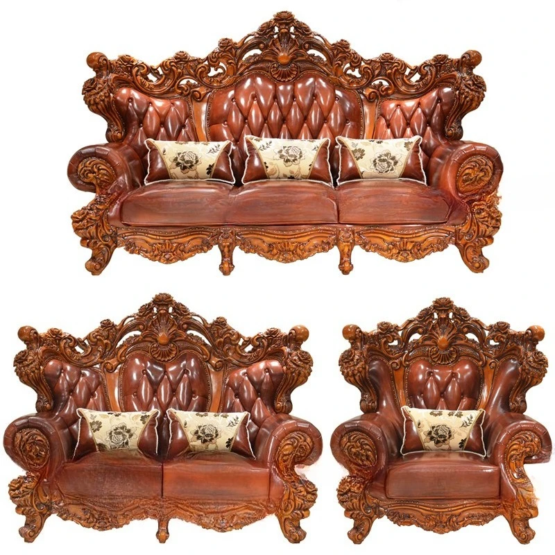 

Leather sofa combination living room furniture solid wood carving flower