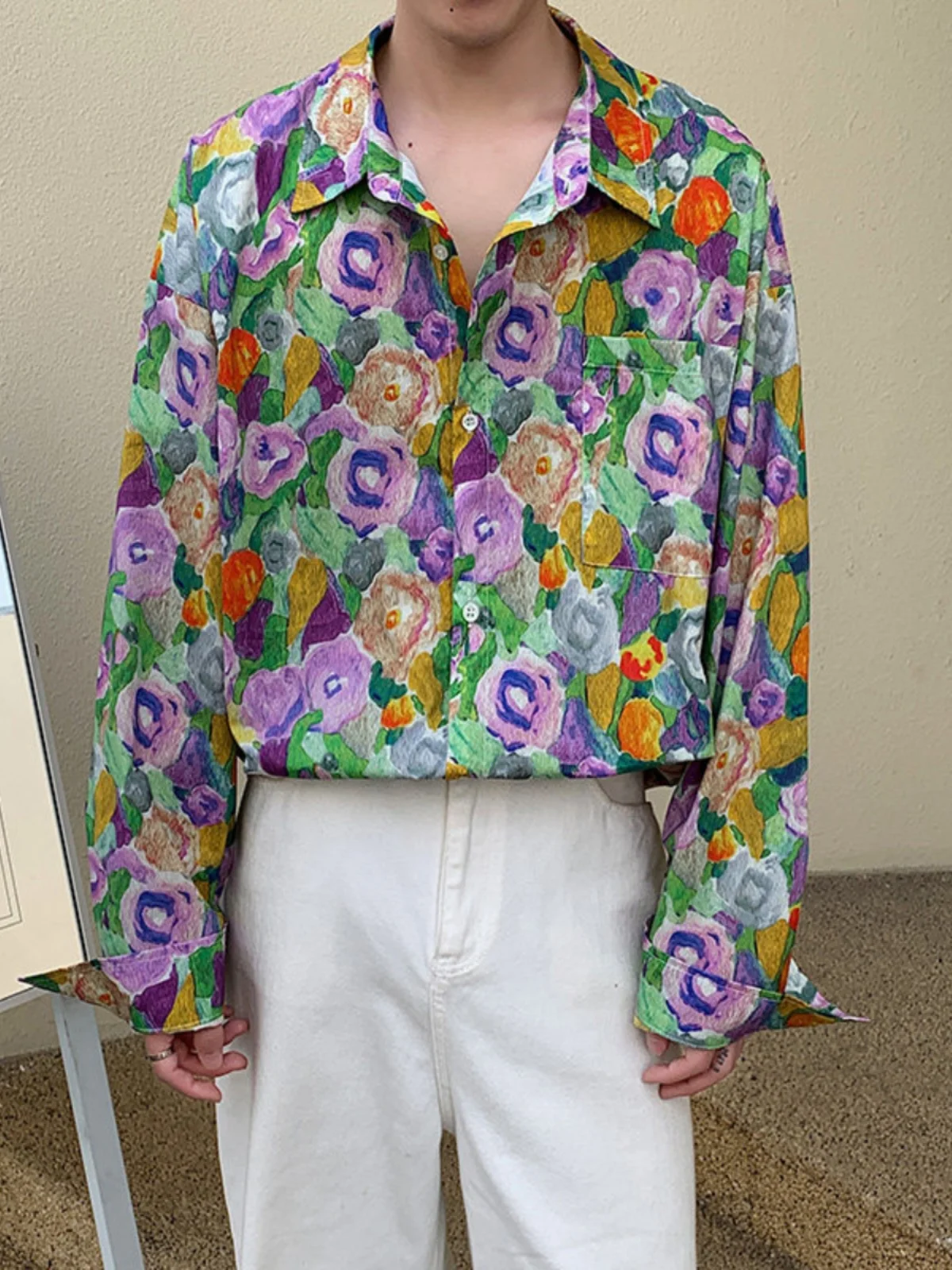 

Мужская свободная рубашка с длинным рукавом, повседневная, в корейском стиле, с цветочным принтом, не требующая глажки, для весны, осени и отдыха