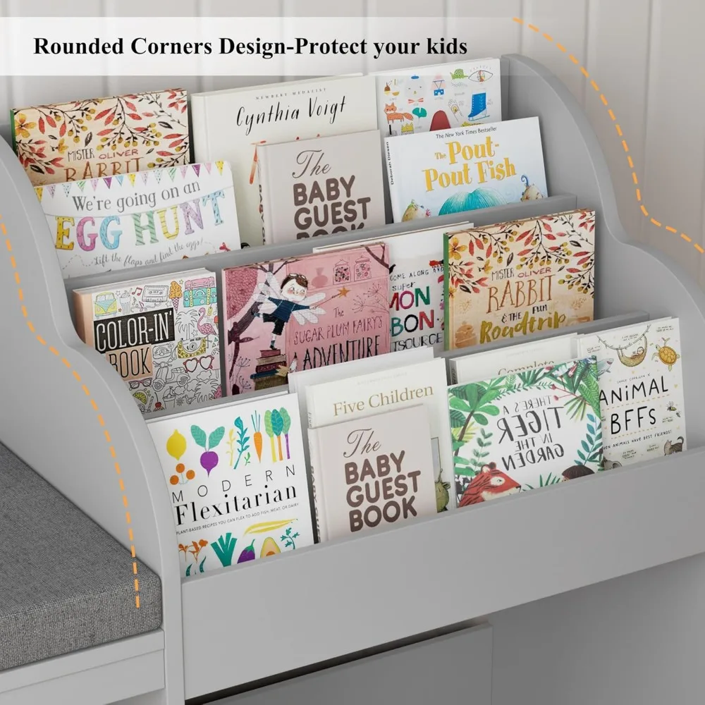 67-дюймовый детский уголок для чтения с скамейкой, детская книжная полка и книжный шкаф с подушкой для сиденья и 6 кубиками для хранения, ящик для хранения игрушек на колесиках