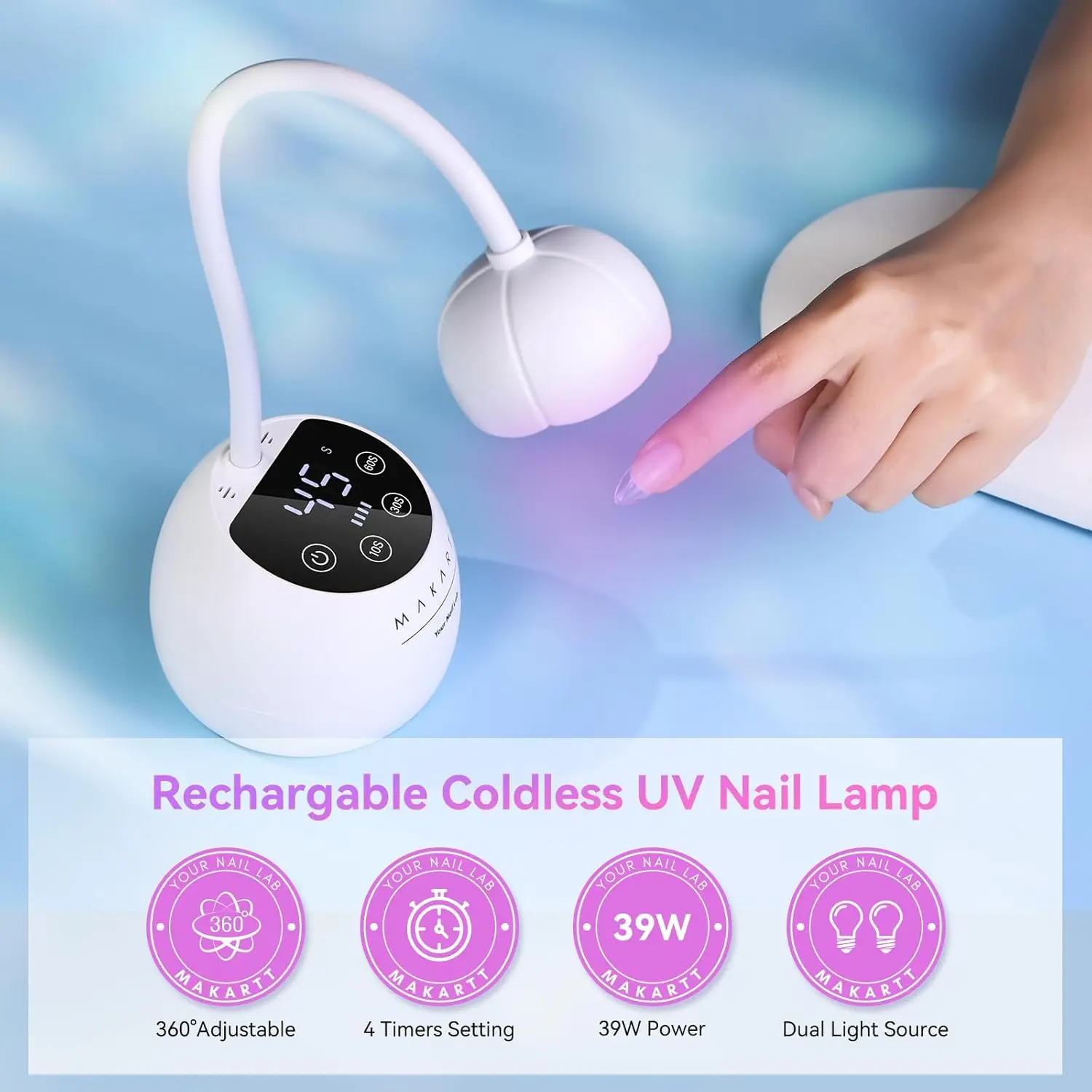 مصباح أظافر LED بالأشعة فوق البنفسجية من Makartt - ضوء الأشعة فوق البنفسجية معقوفة لأظافر الجل شيري اللاسلكي USB 39 وات مصباح جل LED مع 4 مرات وتلقائي