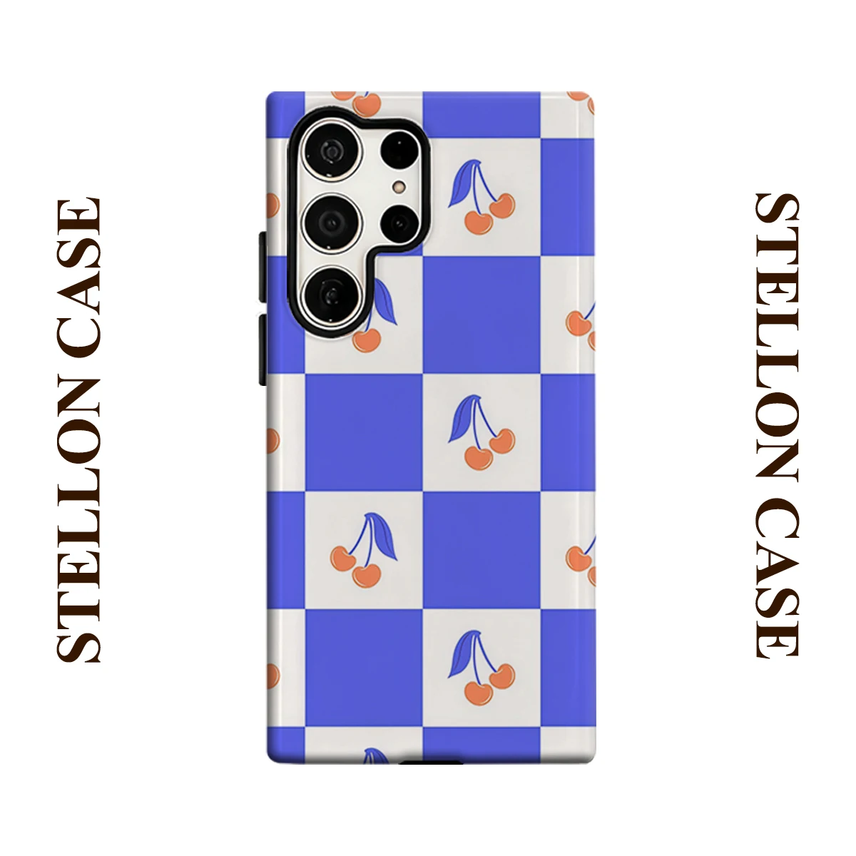 Blue Check Cherry Phone Case For Samsung Galaxy S25 S24 S23 Ultra Plus A35 A55 Glossy HD Hard Cover Film Shell