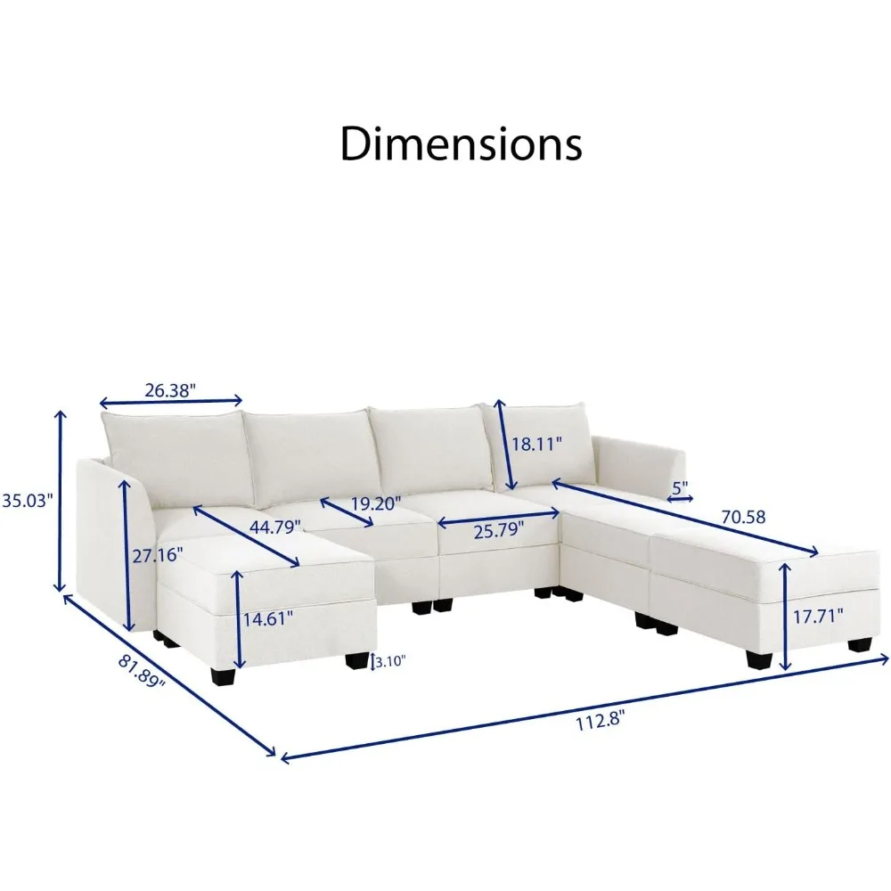 Elizabeth Modular Sectional Sofa Linen U Shaped Couch with Ottomans Convertible Sectional Couch 7-Seater Sofa with Storage Seat