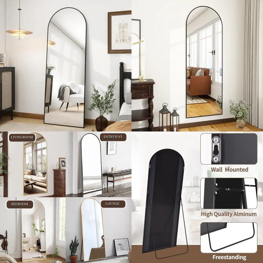 Espelho de corpo inteiro arqueado 56x20 polegadas, espelho de chão preto, inclinado ou montado na parede, opção de suspensão, espelho grande para casa