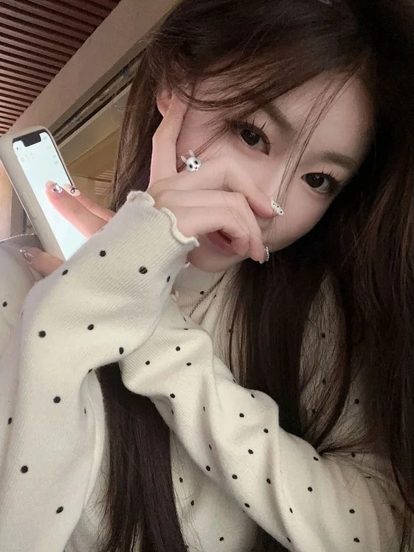 

Unique Korean Sle Polka Dot Knitted Base irt Women's Spring Faionable Top f High Collar with Wood ain