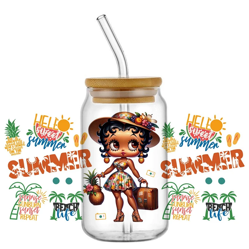 3D Modern Girl Design UV DTF Cup Wrap Sticker for 16oz Libbey Glasses Washable DIY Mug Fashion Girl Transfer Sticker