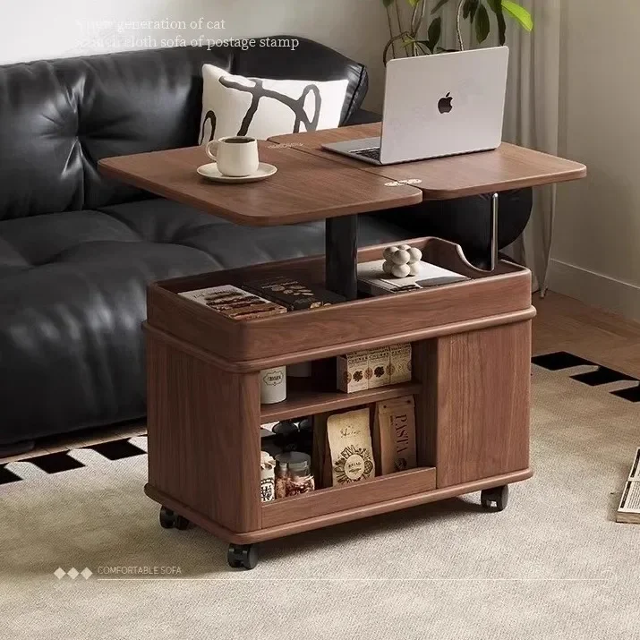 Walnut all-solid wood mobile coffee table Small apartment cart lifting and folding storage side table Middle and ancient househo