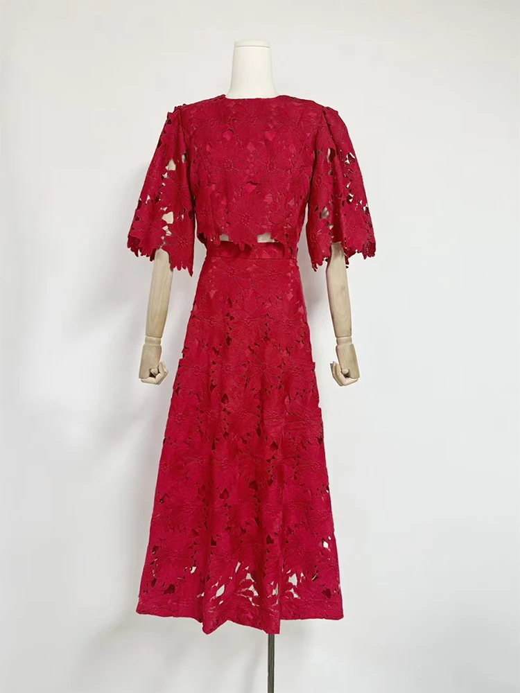 Embroidery Two Piece Set for Women O Neck Batwing Sleeve Top High Waist Hollow Out  A Line Long Skirt Suit Female ensemble femme